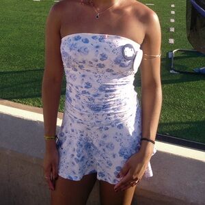True & Co. Strapless Floral Romper in White and Light Blue